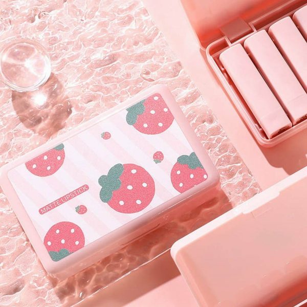 Dragon Ranee Strawberry Matte Lipstick Set – 6 PCS – Soft Red & Pink Tones