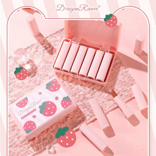 Dragon Ranee Strawberry Matte Lipstick Set – 6 PCS – Soft Red & Pink Tones