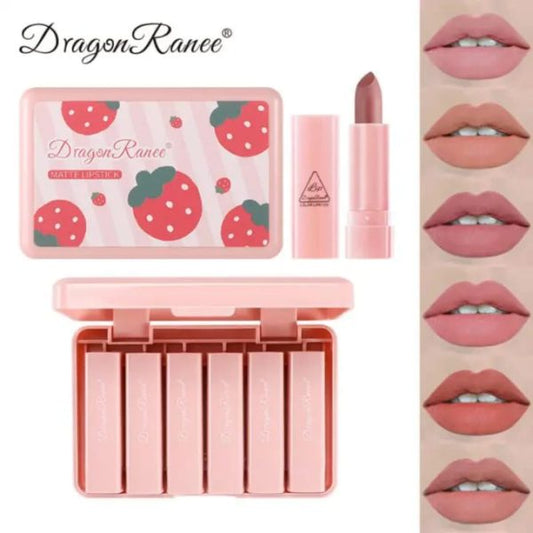 Dragon Ranee Strawberry Matte Lipstick Set – 6 PCS – Soft Red & Pink Tones