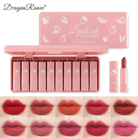 Dragon Ranee Matte Lipstick Set – 10 PCS – Long Wear Shades